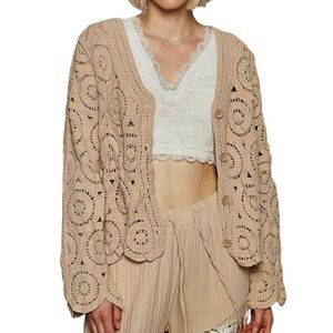 POL Crochet Stone Washed Cotton Button Closure Long Sleeve Cardigan